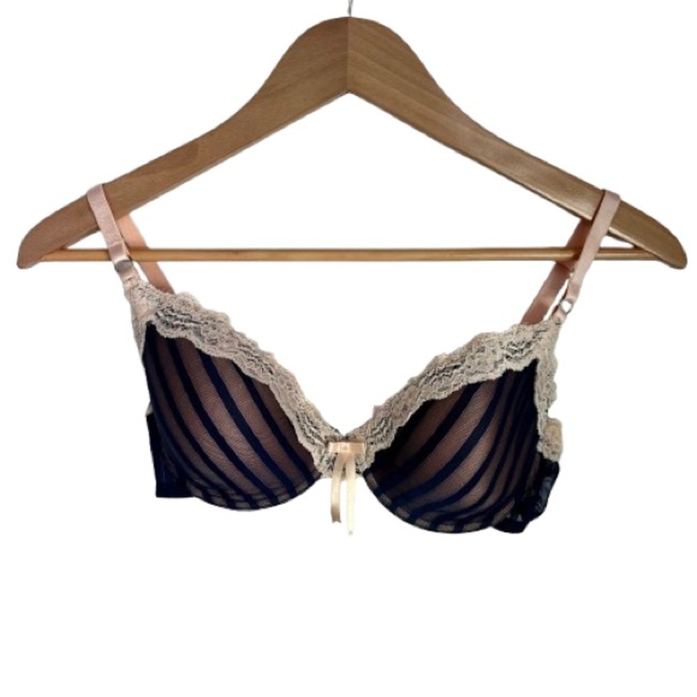 Elle MacPherson Intimates Sheer Striped Lace Underwire Bra 34D Navy Blue & Nude